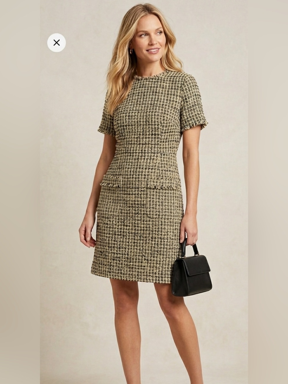Ann Taylor Size 6 Textured Tweed Short Sleeve Shift Dress in Gold/Yellow/Black